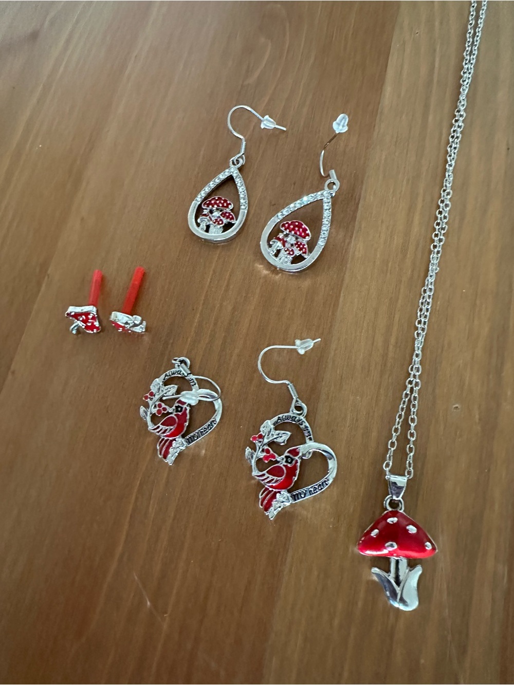 Silver Tone Red Crystal Enamel Mushroom Necklace & Dangle Earrings Set
